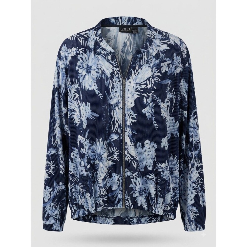 Soho Apparel Womens 3X Navy Floral Plisse Pleated Zip Front Jacket Lightweight